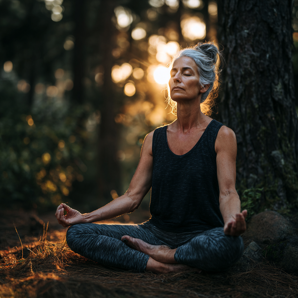 50 years old woman practicing mindful yoga in serene natural environment